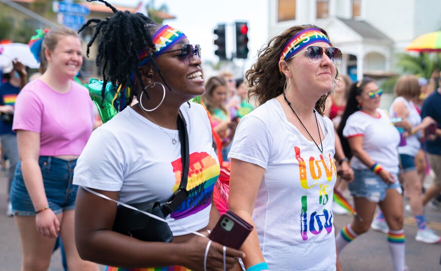 Marchers participate in the San Diego Pride Resilience March on July 11, 2021.