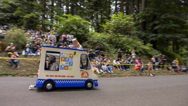 Racers a few moments after the start of the derby at Mt. Tabor Park during the 27th Portland Adult Soap Box Derby on Aug. 15 in Portland, Ore.