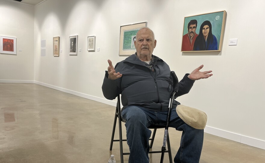 Los Angeles based artist Ramsés Noriega sits inside of his new “Fragmentos del Barrio" gallery, Aug. 29, 2025.