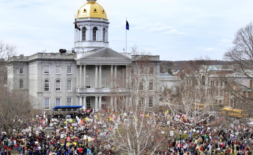 At the end of March, more than 2,000 people gathered on the plaza in front of the New Hampshire statehouse to protest spending cuts and the provision that would strip public employees of their union protections. Today, it's still busy with voters trying to influence lawmakers ahead of Wednesday's override vote.