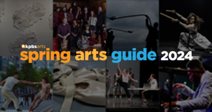 A collage of photos of different arts and culture events with the KPBS arts logo and the words Spring Arts guide 2024 overlaid.