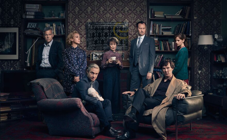 D.I. Lestrade (RUPERT GRAVES), Mary Watson (AMANDA ABBINGTON), John Watson (MARTIN FREEMAN), Mrs Hudson (UNA STUBBS), Mycroft Holmes (MARK GATISS), Sherlock Holmes (BENEDICT CUMBERBATCH) and Molly Hooper (LOUISE BREALEY).