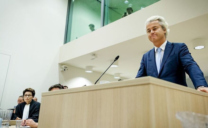 Dutch parliament member Geert Wilders speaks last month in court in Schiphol, Netherlands, during the last day of his hate speech trial.