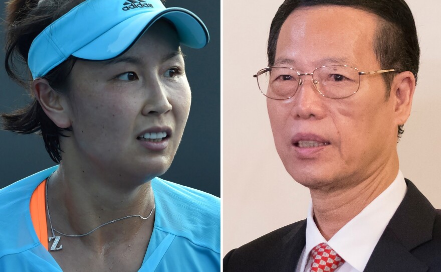 This combination of file photos shows tennis player Peng Shuai of China (L) during her women's singles first round match at the Australian Open tennis tournament in Melbourne in January 2017; and Chinese Vice Premier Zhang Gaoli (R) during a visit to Russia at the Saint Petersburg International Investment Forum in Saint Petersburg in 2015.