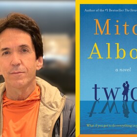 The image is an undated photograph of author Mitch Albom and shows the book cover for his novel "Twice."