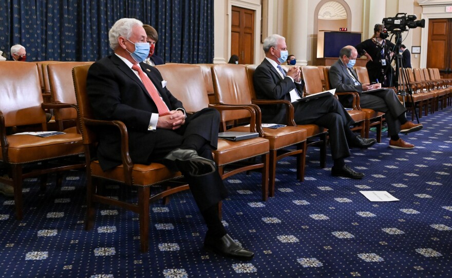 Members of congress practice social distancing as the House Rules Committee meets to consider a resolution authorizing remote voting by proxy in the House of Representatives during a public health emergency due to the coronavirus outbreak, and to formulate a rule on the newest coronavirus relief bill on Capitol Hill on Thursday.