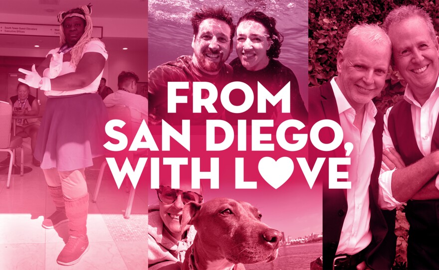 A collage graphic for KPBS Valentine's Day series is shown on Jan. 30, 2025.