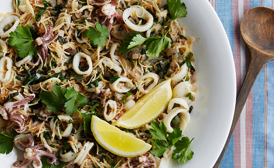 Pictured: Calamari with vermicelli, lemon and herbs. Travel along the coast with Martha Stewart as she showcases the bounty of the Arabian Gulf, highlighting the local catch.