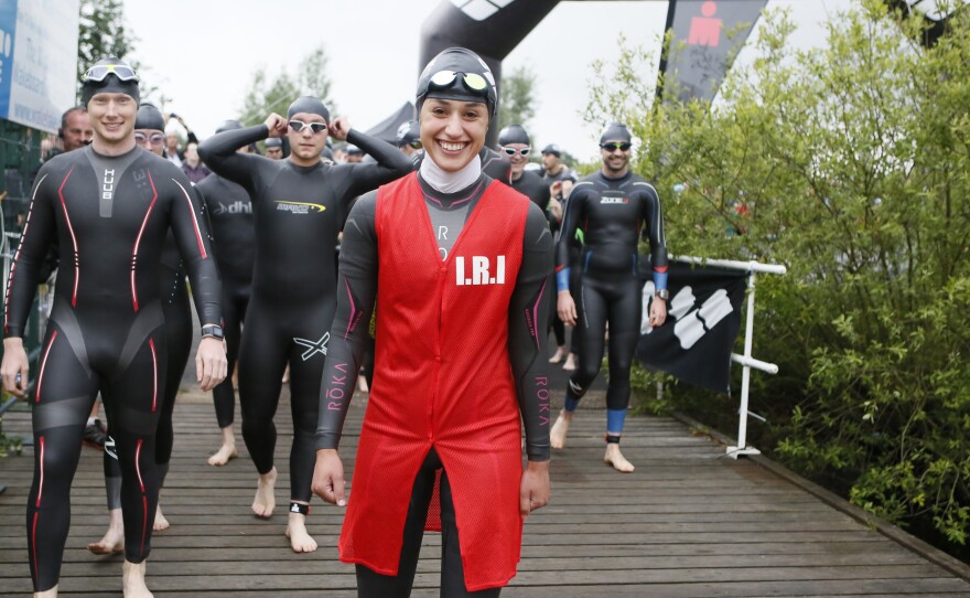 Gerami prepares for the swimming leg of the Staffordshire triathlon.