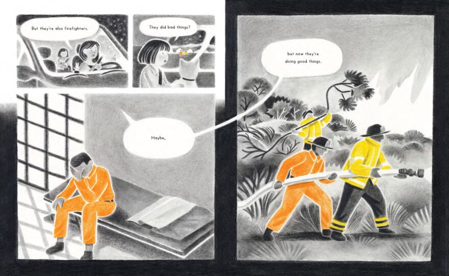 Interior pages are shown from Viet Thanh Nguyen and Minnie Phan's "Simone." A four-frame illustration shows a girl in a car with her mother. The mother says "But they're also fire fighters." The girl asks "They did bad things?" And the mother replies "Maybe. But now they're doing good things." One large frame depicts a man on a cot in a barred-in cell. Another depicts the man with two other people holding a hose, fighting a fire.