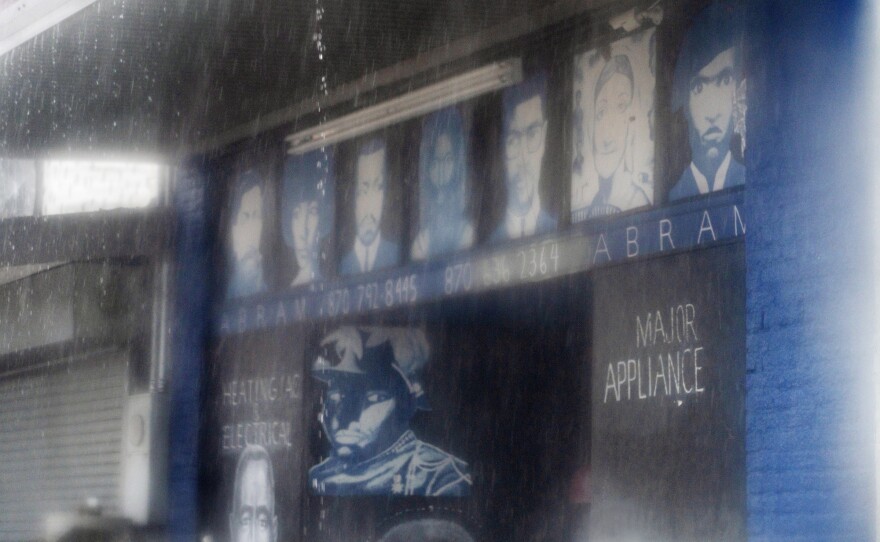 Rainstorm outside Stacy Abram's store, Abram Heating and Air Conditioning, in Earle, Ark.