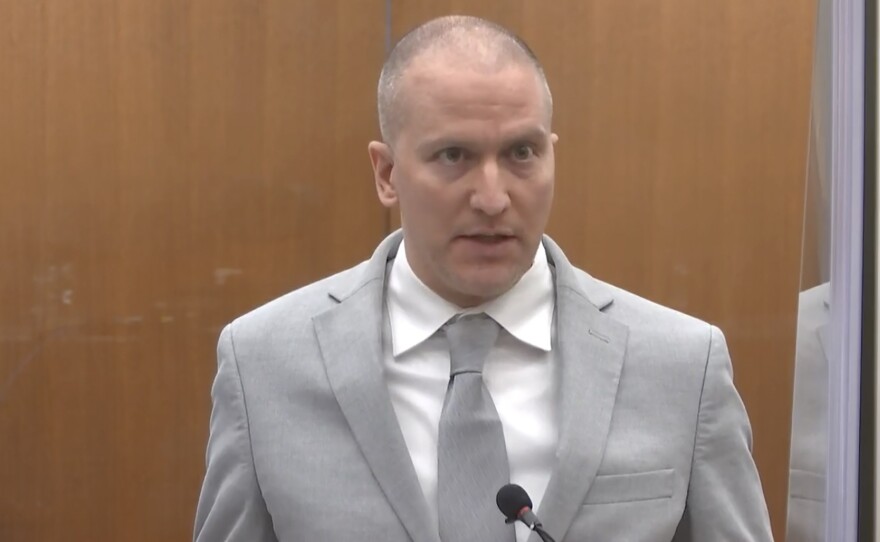 Former Minneapolis police officer Derek Chauvin was sentenced to 22 1/2 years in prison Friday, over the murder of George Floyd. He's seen here addressing the court at his sentencing hearing.