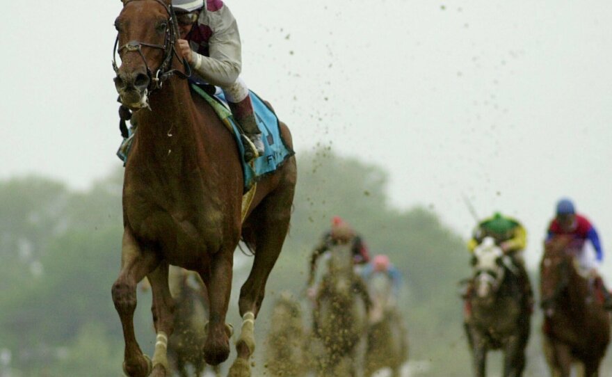 Jockey Jose Santos rides Funny Cide to victory in the 128th Preakness Stakes in May 2003.