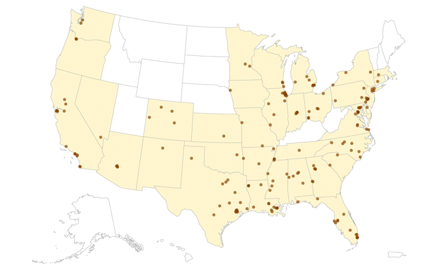 Map of mass shootings in the United States in 2021 as of May 9