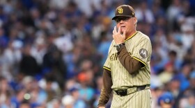 San Diego Padres manager Mike Shildt reacts during the seventh inning of Game 3 of a National League wild card baseball game against the Chicago Cubs Thursday, Oct. 2, 2025, in Chicago.