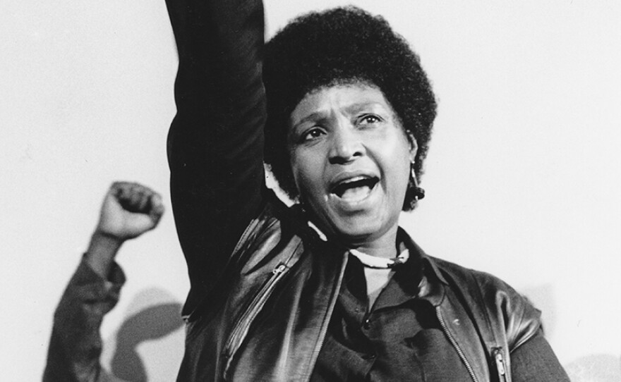 Winnie Mandela at the commemoration service for ANC member Ben Moloise who was hanged that morning (1985).