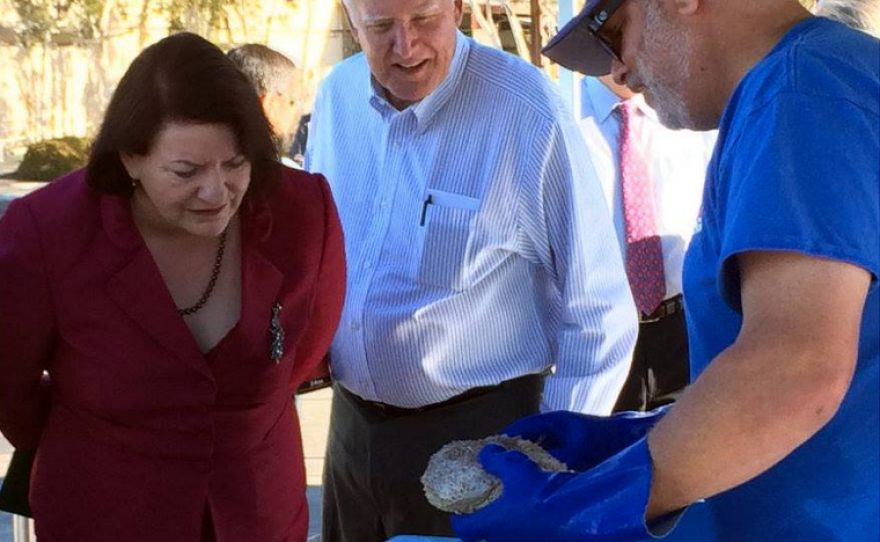 California Assembly Speaker Toni Atkins and San Diego County Supervisor Greg Cox check out San Diego's Tuna Harbor Dockside Market, Jan. 17, 2015.