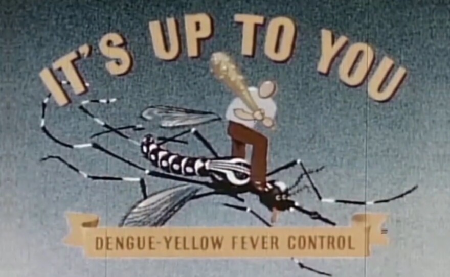 The title card from a 1945 government film about the campaign to control Aedes aegypti mosquitoes and prevent dengue and yellow fever.