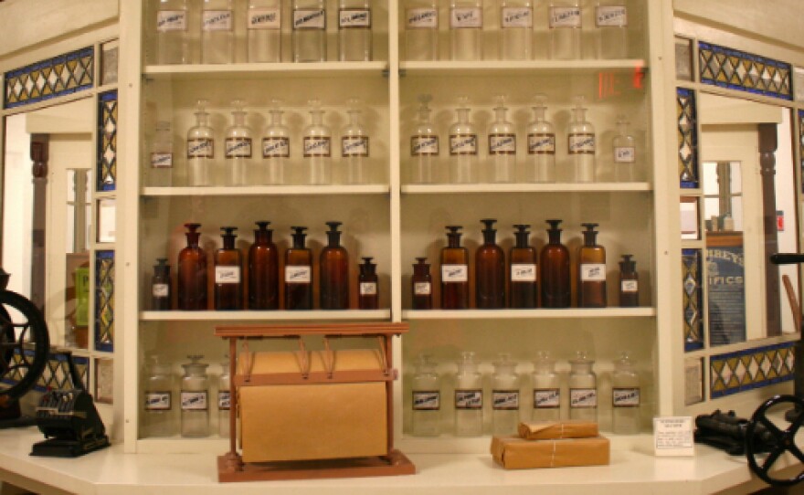 A frontispiece built for a Tennessee pharmacy in 1870, now on display in the History of Pharmacy Museum. The frontispiece was moved to New Mexico and then Arizona, where it was used in the Tombstone Drug Store.