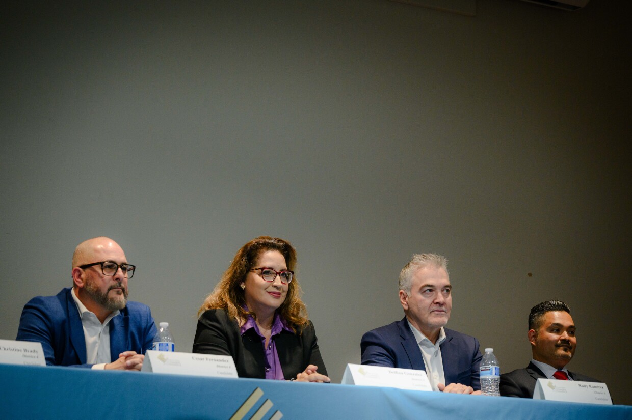 From left, Cesar Fernandez, Delfina Gonzalez, Rudy Ramirez and José Sarmiento participate in a candidate forum for the Chula Vista City Council District 4 March 2024 primary at the Chula Vista Central Library on Feb. 8, 2024. Candidates Christine Brady and Leticia Lares were not present at the time.