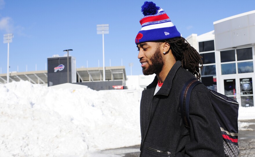 Buffalo Bills cornerback Stephon Gilmore prepares to take the bus, leaving Ralph Wilson Stadium to play a "home" game in Detroit. Tickets to the game, postponed to Monday, are free.