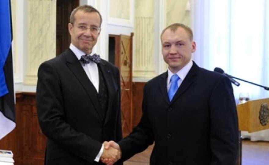 Estonian security service officer Eston Kohver is shown here receiving a decoration for his work in 2010 from Estonia's President Toomas Hendrik Ilves. Estonia said Kohver was abducted on Sept. 5, 2014, by unknown gunmen on its territory and taken across the border to Russia. Russian officials say he was detained on its territory and is suspected of being a spy.