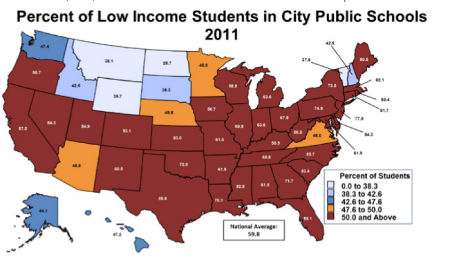 Fifty-two percent of all students attending public schools in America’s towns (located outside urban and 
suburban areas) were eligible for free or reduced meals in 2011. Credit: Southern Education Foundation.
