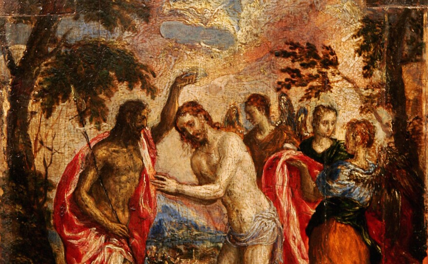 <em>The Baptism of Christ</em> by Domenikos Theotokopoulos, commonly known as El Greco is displayed at Christies auctioneers in London in 2004.