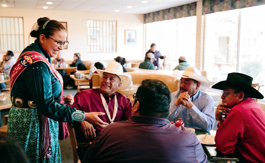Jake meets with community members at the Diné Restaurant in Window Rock, Ariz.