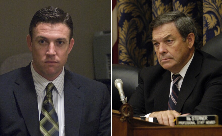 <strong>Left:</strong> Duncan D. Hunter, son of then-U.S. Rep. Duncan L. Hunter, on Feb. 27, 2008. <strong>Right:</strong> Chairman Duncan L. Hunter, R-Calif., at an Armed Services Committee hearing on conduct and support of Operation Iraqi Freedom on May 21, 2004.