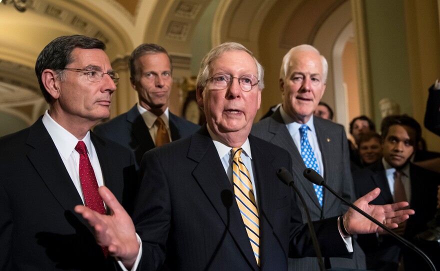 Senate Majority Leader Mitch McConnell, R-Ky., joined by (from left) Sen. John Barrasso, R-Wyo., Sen. John Thune, R-S.D., and Senate Majority Whip John Cornyn of Texas, discussed health care overhaul with reporters on Capitol Hill Tuesday.