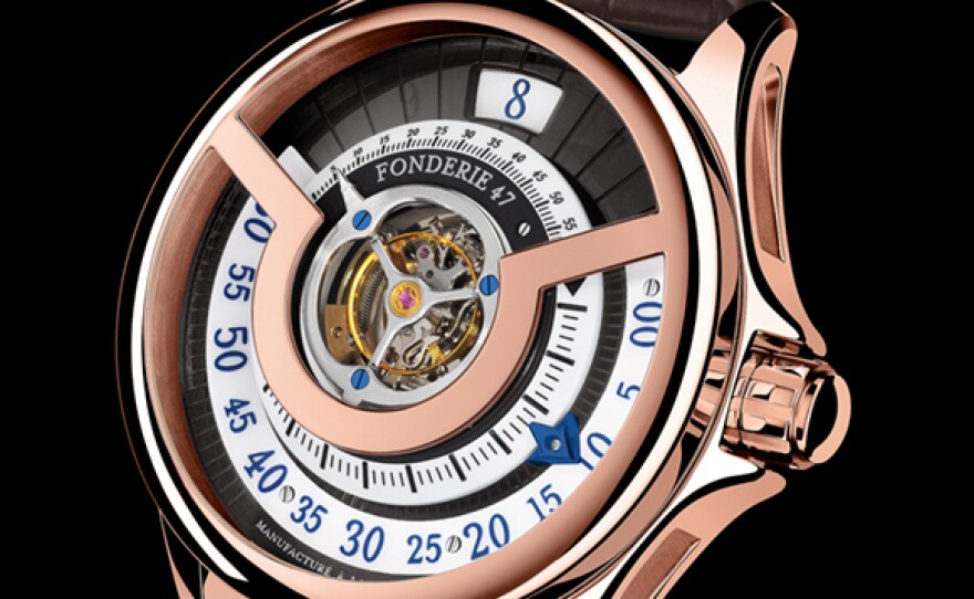 Fonderie 47's "Inversion Principle" watch includes a plate made from the steel of a destroyed assault weapon. Each sale funds the destruction of 1,000 assault weapons in Africa.