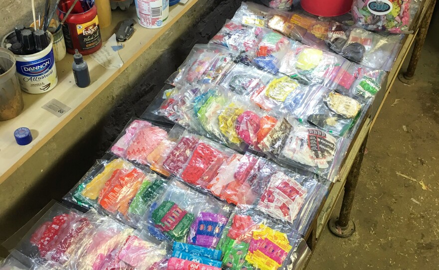 At Brown's studio in Philadelphia, he stores candy wrappers by kind and color in Ziploc bags.