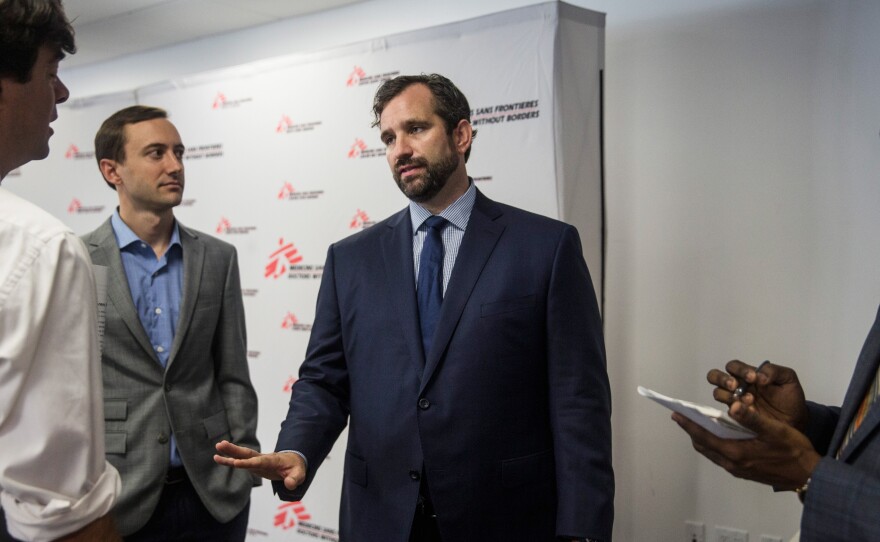 In October, Jason Cone, executive director of Doctors without Borders, spoke at press conference in New York calling for an independent investigation of the bombing in Kunduz. Cone is in the blue suit.