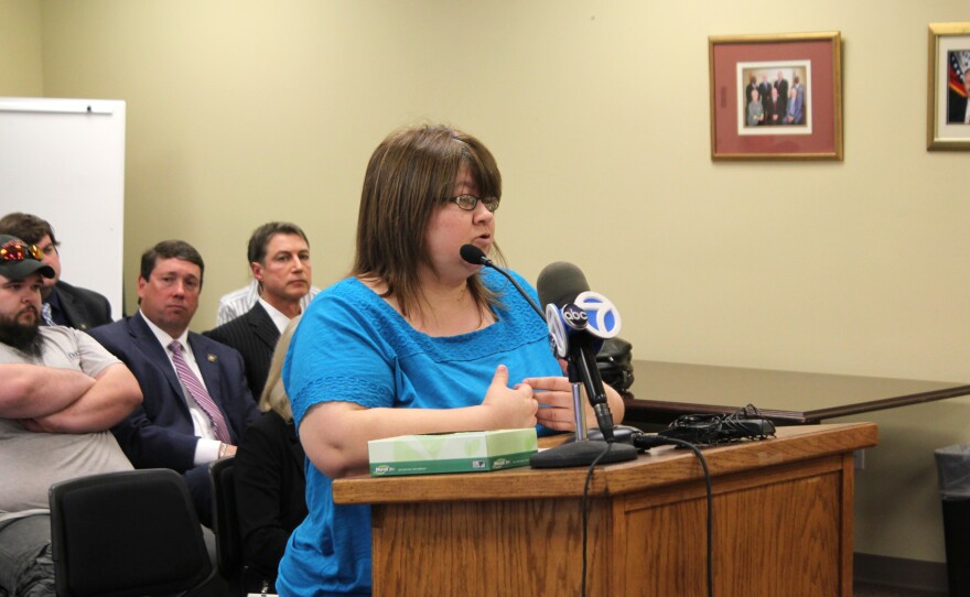 Melissa Cassidy testifies before the Arkansas Parole Board on March 24 in Little Rock, Ark. The board was considering a clemency request from inmate Stacey Johnson, who was convicted of killing Cassidy's sister, Carol Heath, and is scheduled for execution on April 20.