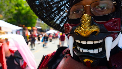 Ray McGaughy of Poway is dressed as a samurai warlord during Comic-Con, July 24, 2026.