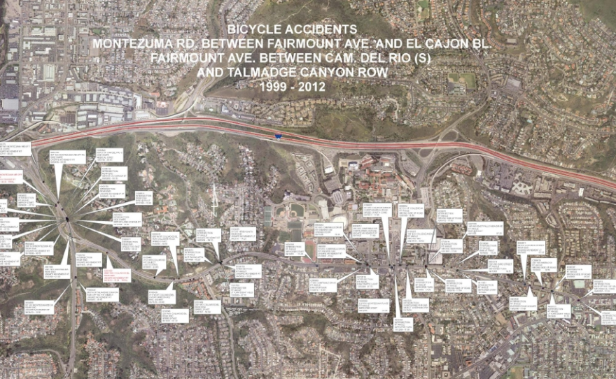 A study by City of San Diego traffic engineers pinpointed the location of bike-car collisions on Montezuma Road.