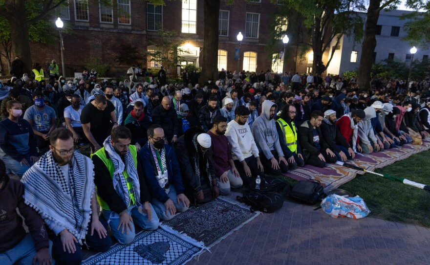 Demonstrators pause for evening prayer during student-led protests and occupation of University Yard of The George Washington University in downtown Washington, D.C. on Thursday.