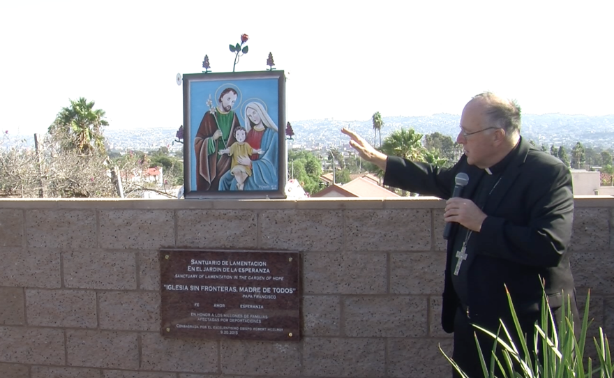 Bishop Robert McElroy consecrates a memorial wall at Our Lady of Mount Carmel Catholic Church in San Ysidro, September 20, 2015. 