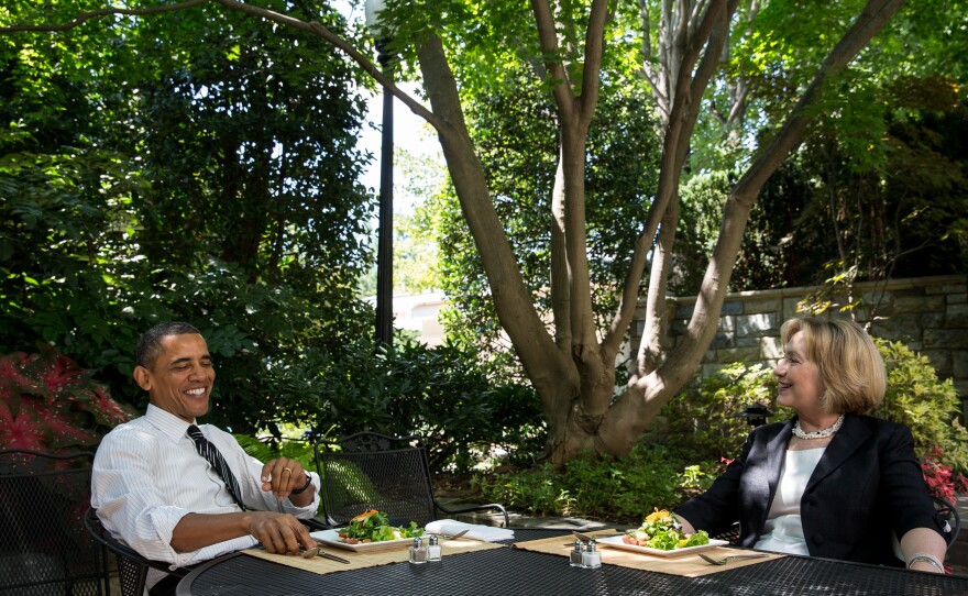 President Obama has lunch with former Secretary of State Hillary Clinton on the patio outside the Oval Office on Monday.