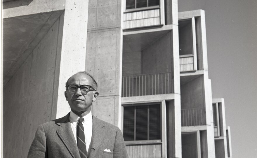 Jonas Salk shown in front of the newly built Salk Institute in San Diego in an undated photo. 