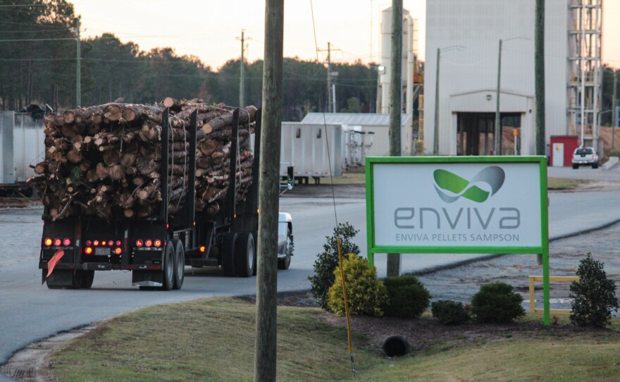 A load of wood enters a wood pellet plant operated by Enviva Partners in Sampson County, N.C. Enviva is one of the largest producers of wood pellets in the U.S.