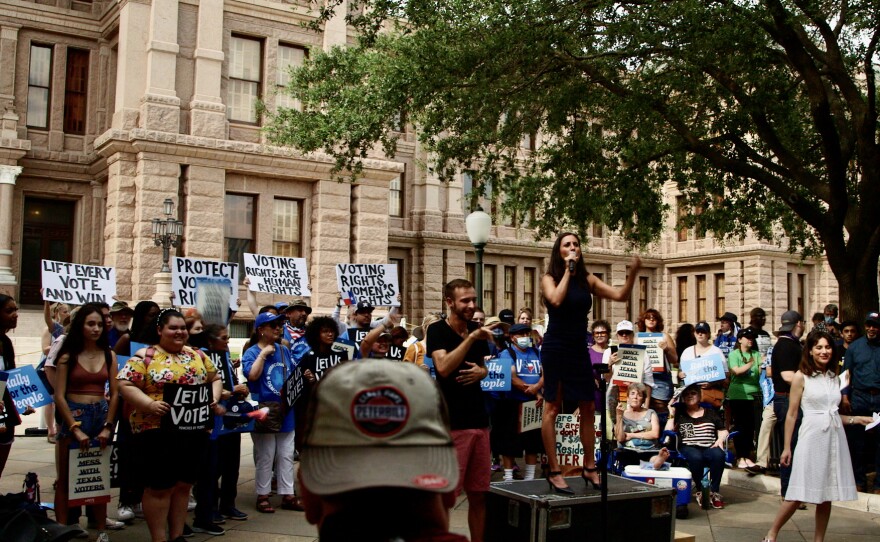 Cristina Tzintzún Ramirez at the Georgetown to Austin March for Democracy, a 27 mile march over three days that ended with a rally at the Texas State Capitol in July 2021. The rally was to protest voter suppression laws in Texas.