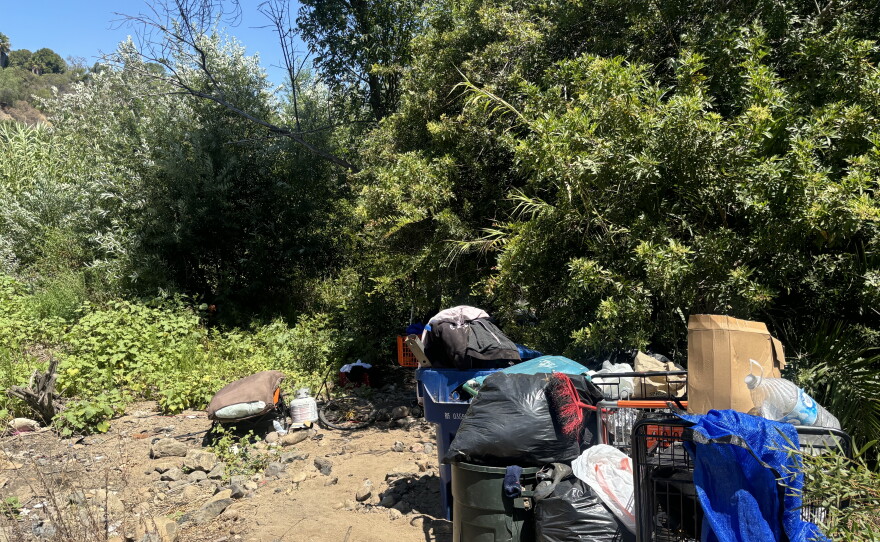 A homeless encampment along the San Diego Riverbed on June 17, 2026.