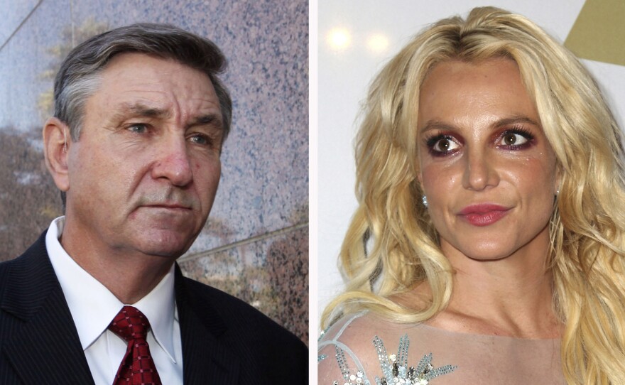 This combination photo shows Jamie Spears, left, father of Britney Spears, as he leaves the Stanley Mosk Courthouse on Oct. 24, 2012, in Los Angeles and Britney Spears at the Clive Davis and The Recording Academy Pre-Grammy Gala on Feb. 11, 2017, in Beverly Hills.