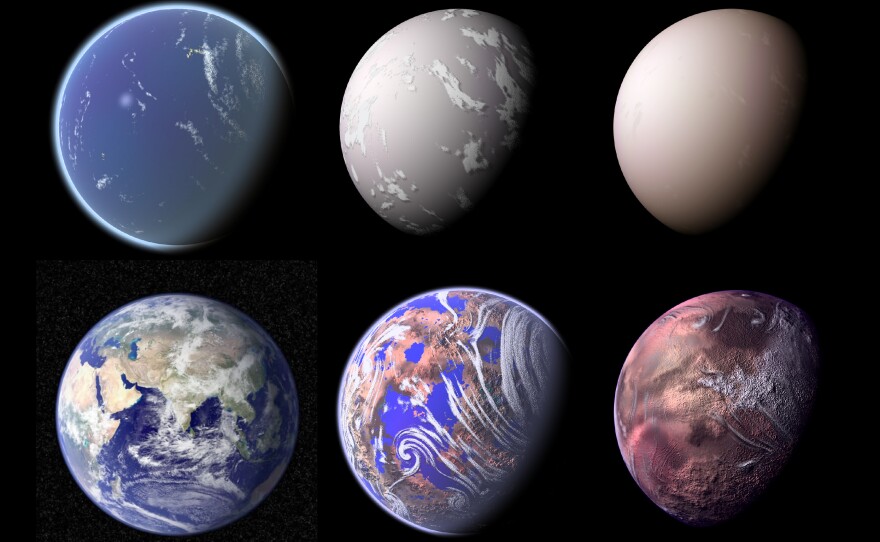 Earth has been many different planets in its long history — and could be more. Some imaginary views are shown here. Top (from left): a water world before large-scale continents had formed; a "snowball" Earth phase with extreme glaciation; and a world shrouded in smoke after a large asteroid impact. Bottom: Earth today; Earth losing its oceans as the sun becomes hotter; and a final scorched Earth.