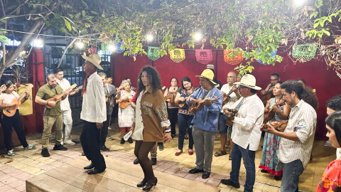 Jarana players join a mass jam session at a Veracruz fandango while the dancers pound out rhythms with their heels on the wooden tarima. 