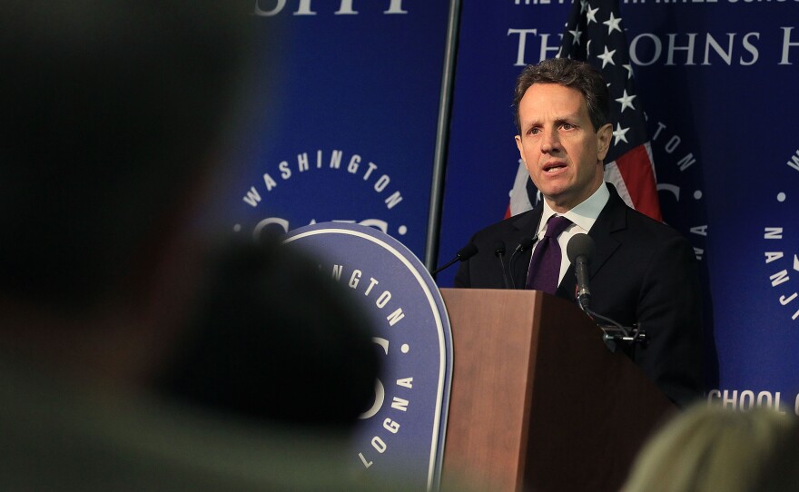 Treasury Secretary Tim Geithner speaks about U.S.-China economic relations ahead of Chinese President President Hu Jintaos visit, at the Johns Hopkins University Paul H. Nitze School of Advanced International Studies on January 12, 2011 in Washington, DC.