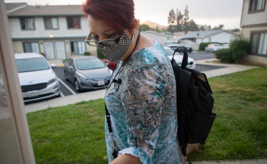 Army veteran AJ Williams leaves her El Cajon home just after 6 a.m. for a ketamine treatment at the San Diego VA Medical Center in La Jolla, Aug. 11, 2020.