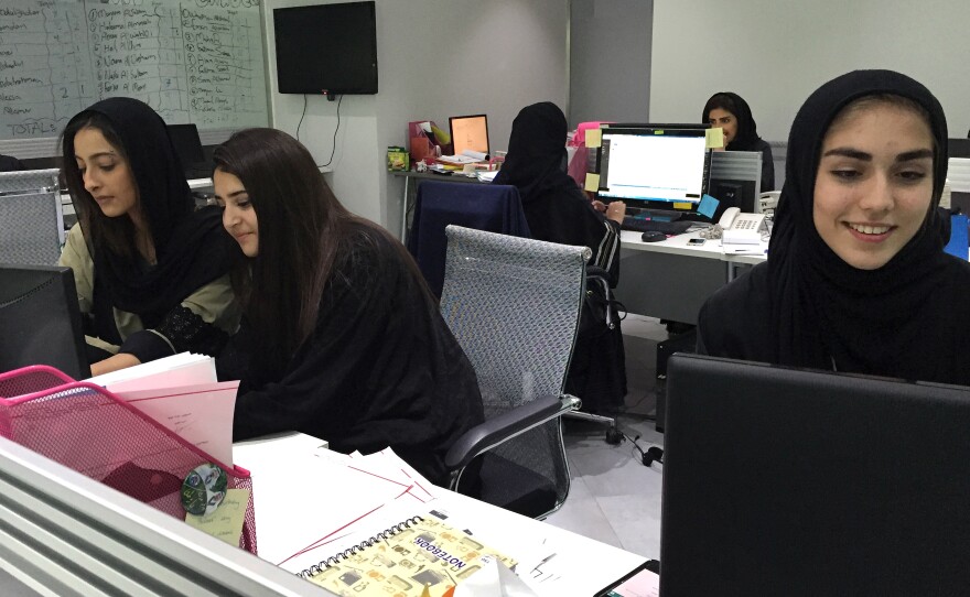 Women at Gloworks, a private company in Saudi Arabia that recruits women for jobs throughout the country. There's now a Glowfit, which includes the first licensed gym for women.
